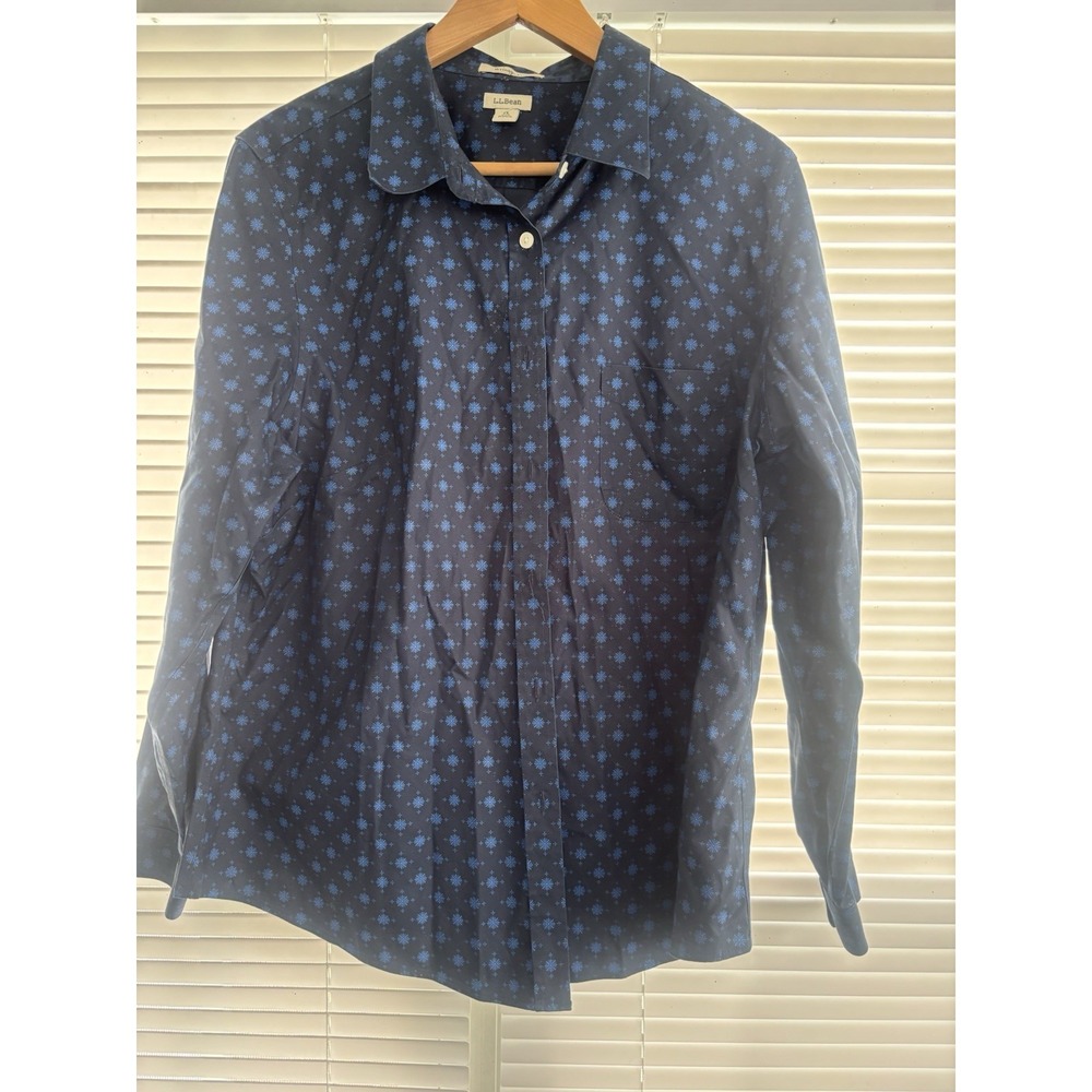 LL‎ Bean Wrinkle Free Shirt Womens 1X Blue Geometric Cotton Button Down
